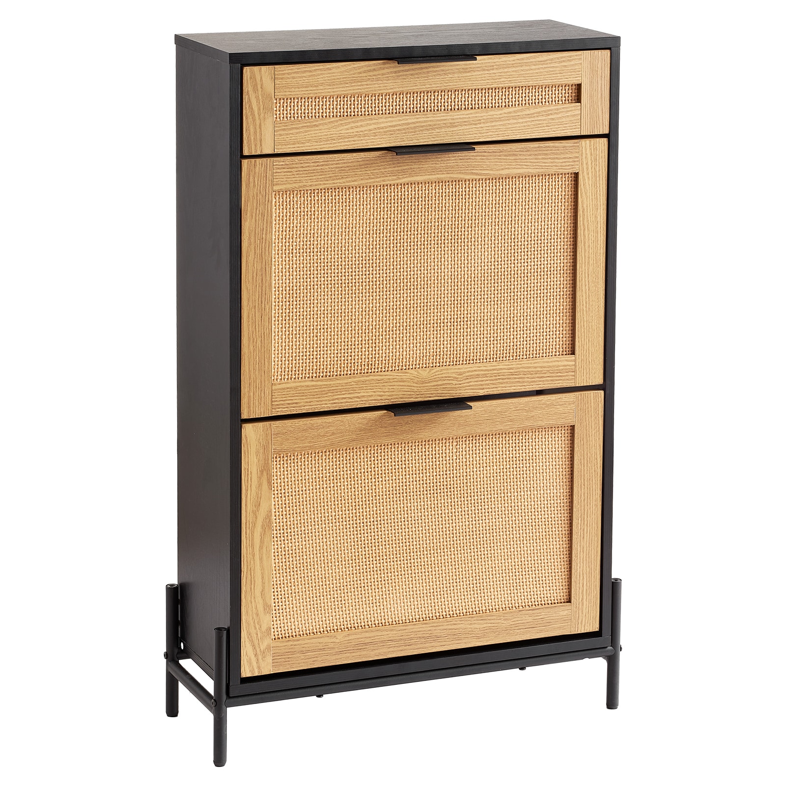 Rattan Shoe Cabinet, Narrow Shoe Storage Organizer With 2 Flip Rattan Drawers & 1 Slide Drawer, Metal Legs, Slim Shoe Entryway Cabinet Ideal For Entryway, Closet, Hallway, Black_maomaolike.com